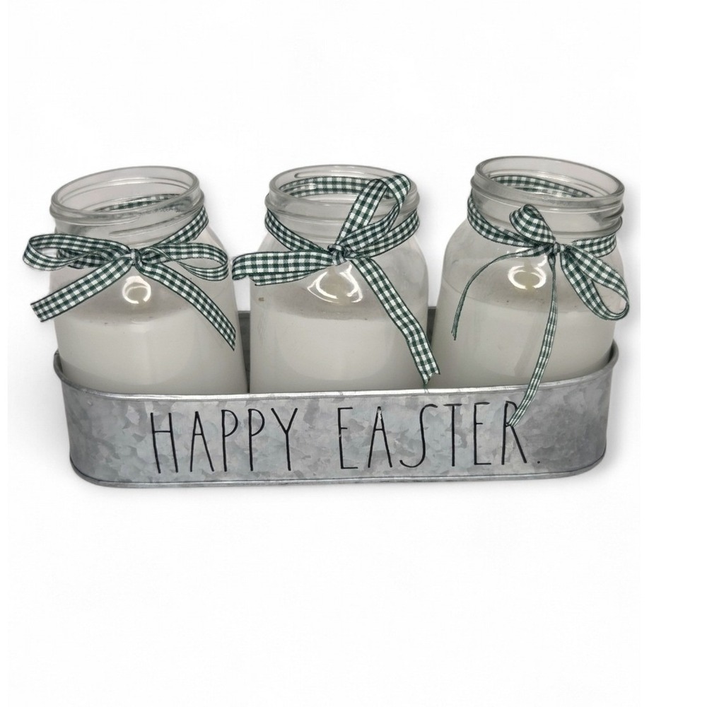 Rae Dunn Happy Easter Galvanized Metal Mason Jar LED Candle Trio Decor